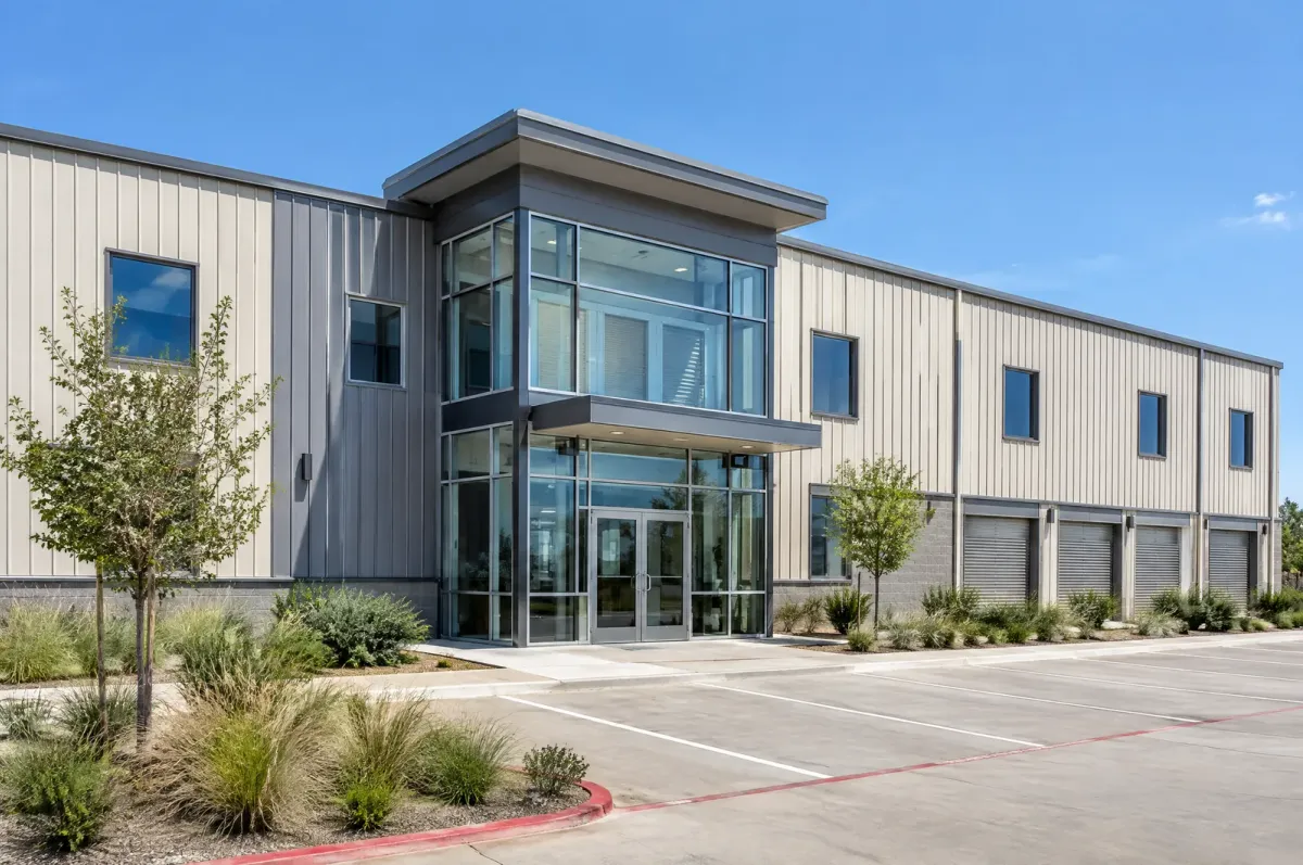 Two-story climate-controlled self storage building with a glass entry and ground-floor roll-up doors in a suburban setting